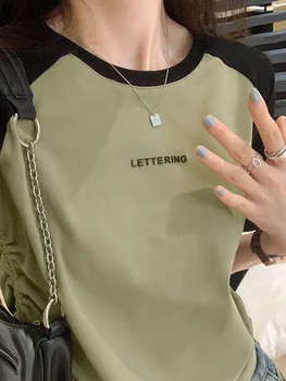 лято корейски контраст цвят тънък дамска тениска случайни хлабав шнур мода тениска бял сив каки O-образно деколте отгоре