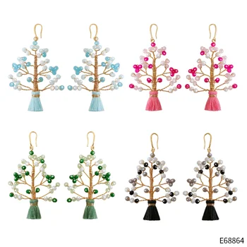 Цветни ръчно изработени телени обвити Дървото на живота Висящи обеци за жени момичета Бохемия етнически кристал дълги геометрични обеци подаръци