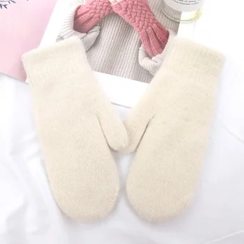 Женски зимни топли плетени плюшени ръкавици с пълни пръсти Твърда корейска версия Жени имитация на заешка кожа дебели топли меки ръкавици