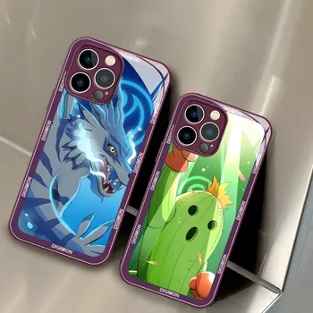 Catoon аниме Digimon телефон случай закалено стъкло за Iphone 14 Pro Max 13 11 12 Mini 14 плюс луксозен дизайн задни корици