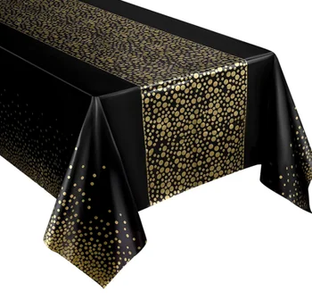 Еднократна пластмасова покривка за маса с черна точка покривка със злато щамповане водоустойчива и маслоустойчива парти покривка